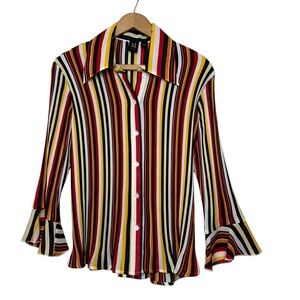 Miliano Blouse Crinkle Bell Sleeve Striped Retro Stretch Hippie Shirt Size Large